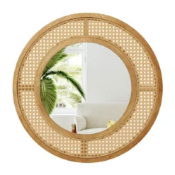 Runder Wandspiegel Rattan ∅ 65 cm dekorativer Spiegel mit Holzrahmen Natur