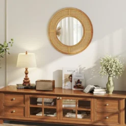 Runder Wandspiegel Rattan ∅ 65 cm dekorativer Spiegel mit Holzrahmen Natur
