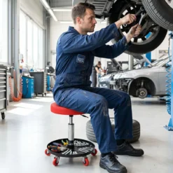 Runder Werkstatthocker mit Rollen & Segmentierter Werkzeugablage Höhenverstellbarer Montagehocker 45,5-60 cm