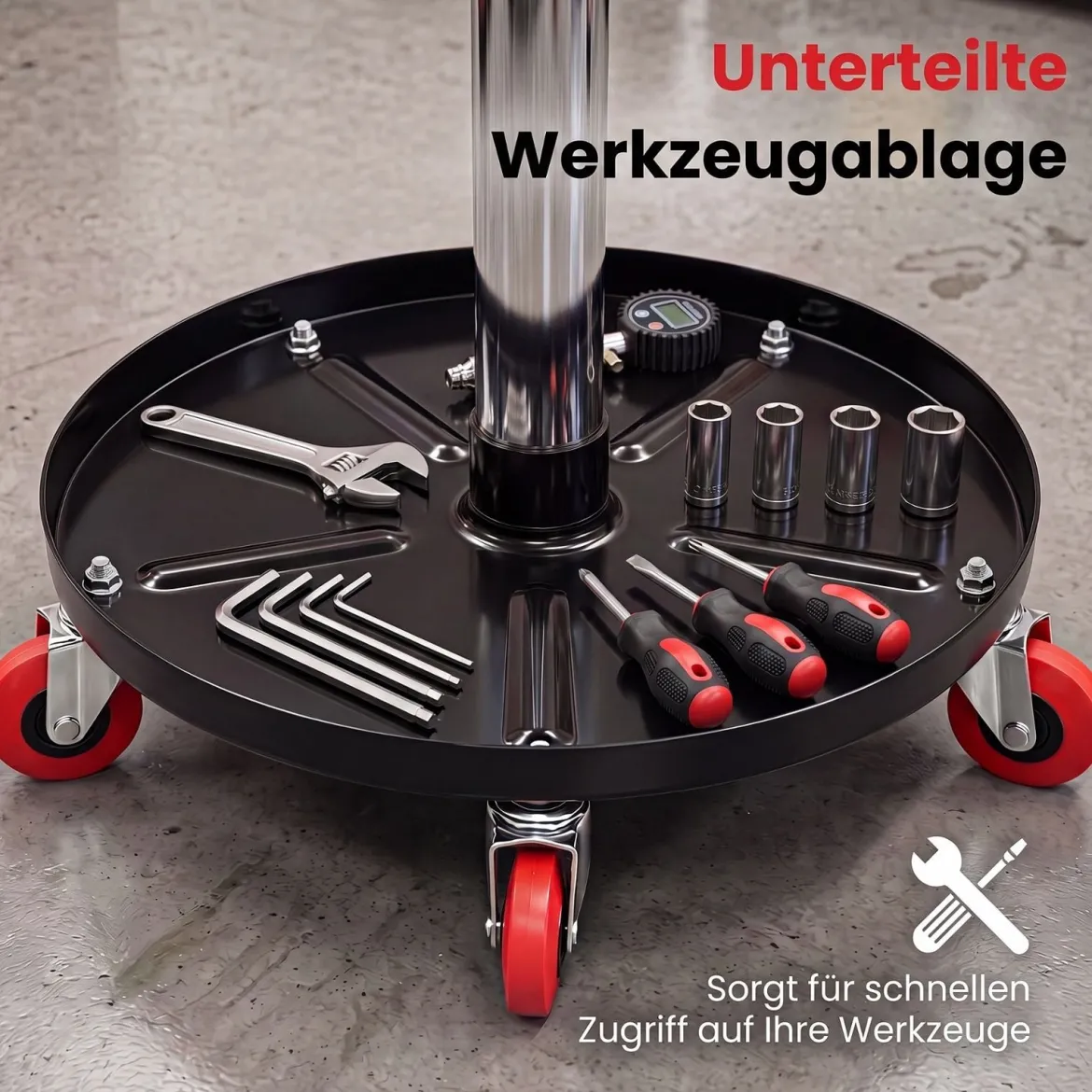 Runder Werkstatthocker mit Rollen & Segmentierter Werkzeugablage Höhenverstellbarer Montagehocker 45,5-60 cm