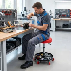 Runder Werkstatthocker mit Rollen & Segmentierter Werkzeugablage Höhenverstellbarer Montagehocker 45,5-60 cm