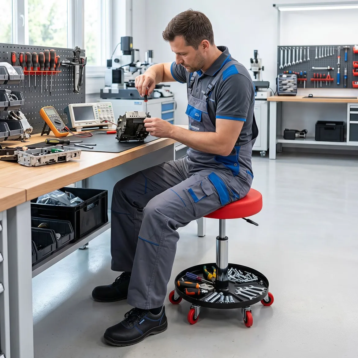 Runder Werkstatthocker mit Rollen & Segmentierter Werkzeugablage Höhenverstellbarer Montagehocker 45,5-60 cm