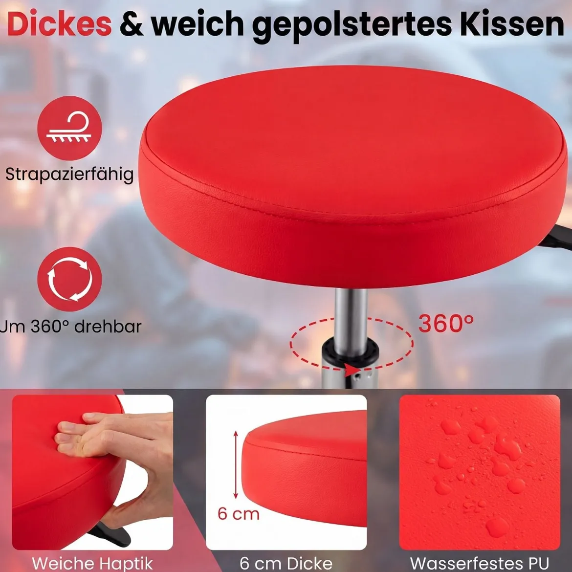 Runder Werkstatthocker mit Rollen & Segmentierter Werkzeugablage Höhenverstellbarer Montagehocker 45,5-60 cm