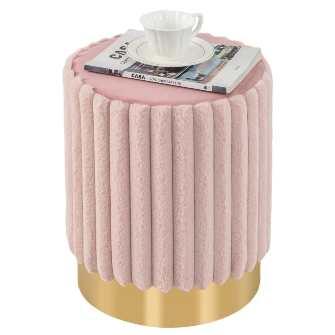 runde Samt Ottomane gepolsterter Fußhocker mit stabilem Metallsockel φ37 x 43 cm Rosa