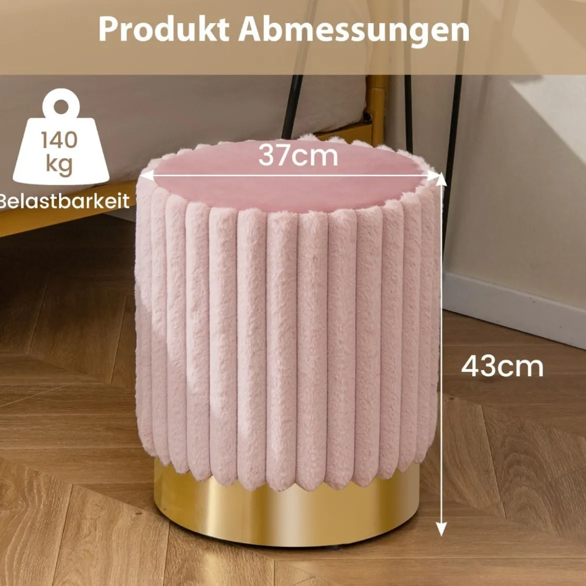 runde Samt Ottomane gepolsterter Fußhocker mit stabilem Metallsockel φ37 x 43 cm Rosa