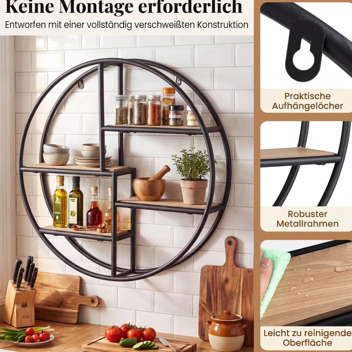 Rundes Wandregal Hängeregal mit 4 Böden 55x55x11cm kreisförmiges Bücherregal Schwarz