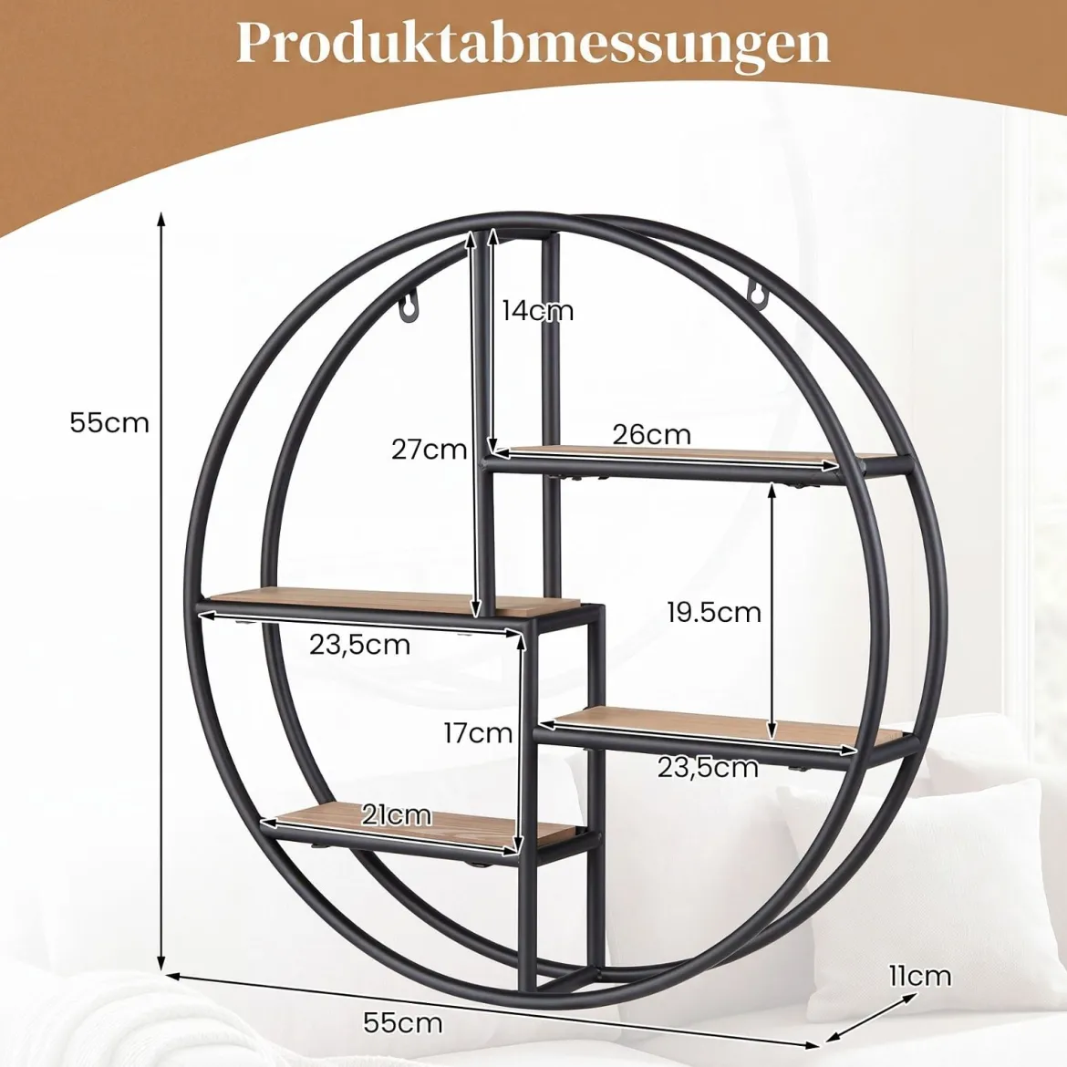 Rundes Wandregal Hängeregal mit 4 Böden 55x55x11cm kreisförmiges Bücherregal Schwarz