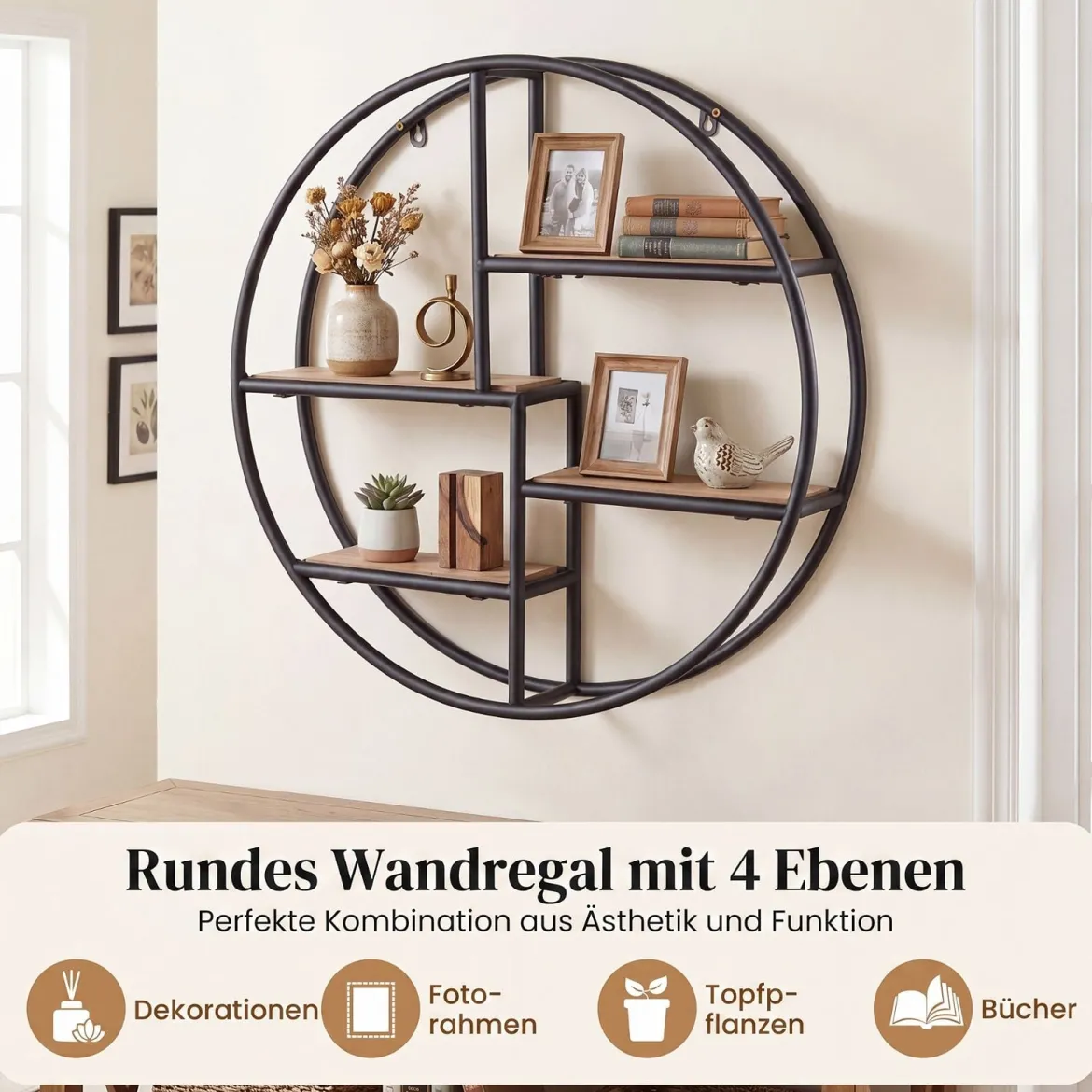 Rundes Wandregal Hängeregal mit 4 Böden 55x55x11cm kreisförmiges Bücherregal Schwarz