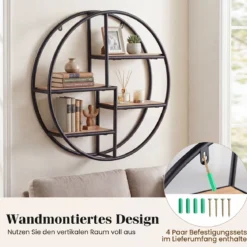 Rundes Wandregal Hängeregal mit 4 Böden 55x55x11cm kreisförmiges Bücherregal Schwarz