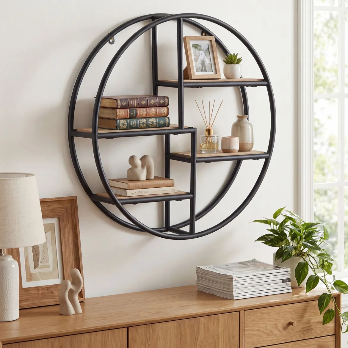 Rundes Wandregal Hängeregal mit 4 Böden 55x55x11cm kreisförmiges Bücherregal Schwarz