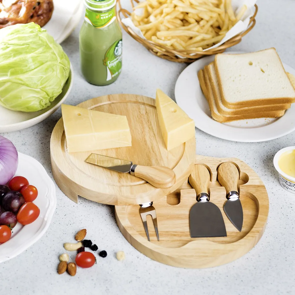 Rund Hölzern Käsebrett & Messer Service-set Käseset Käseplatte Holz und 4tlg Besteck