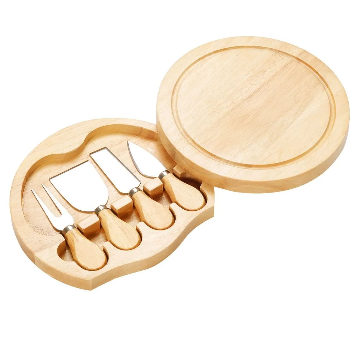 Rund Hölzern Käsebrett & Messer Service-set Käseset Käseplatte Holz und 4tlg Besteck