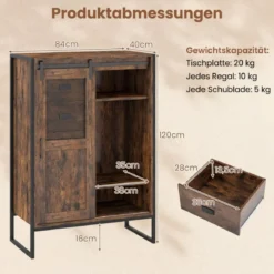 Rustikaler Buffetschrank mit Schiebetür & 5 Schubladen & Verstellbaren Einlegeböden Rustikal Braun
