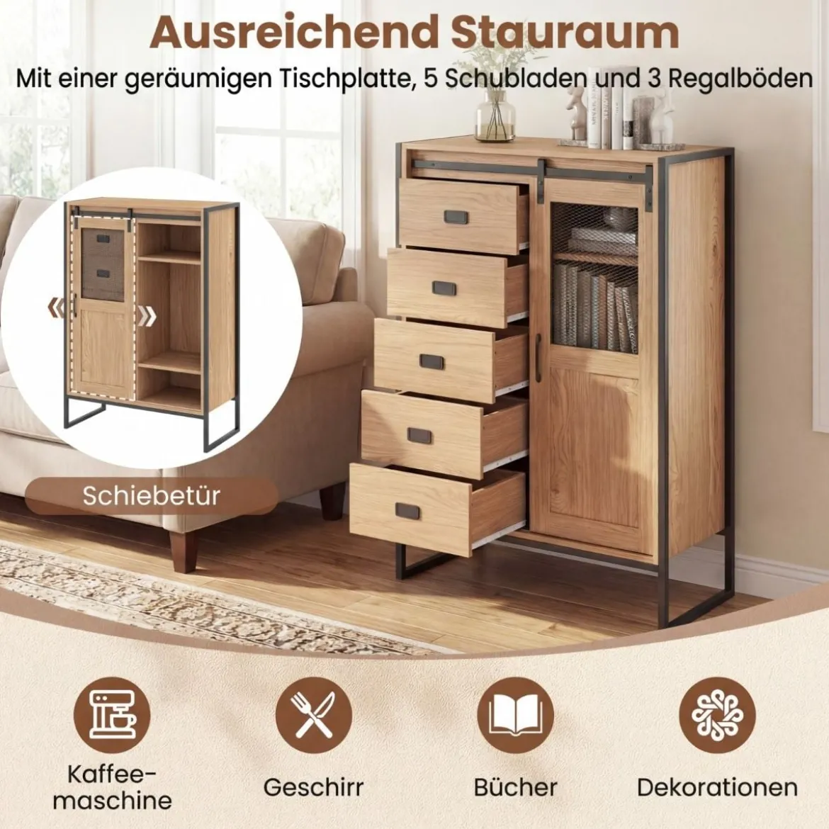 Rustikaler Buffetschrank mit Schiebetür & 5 Schubladen & Verstellbaren Einlegeböden Natur