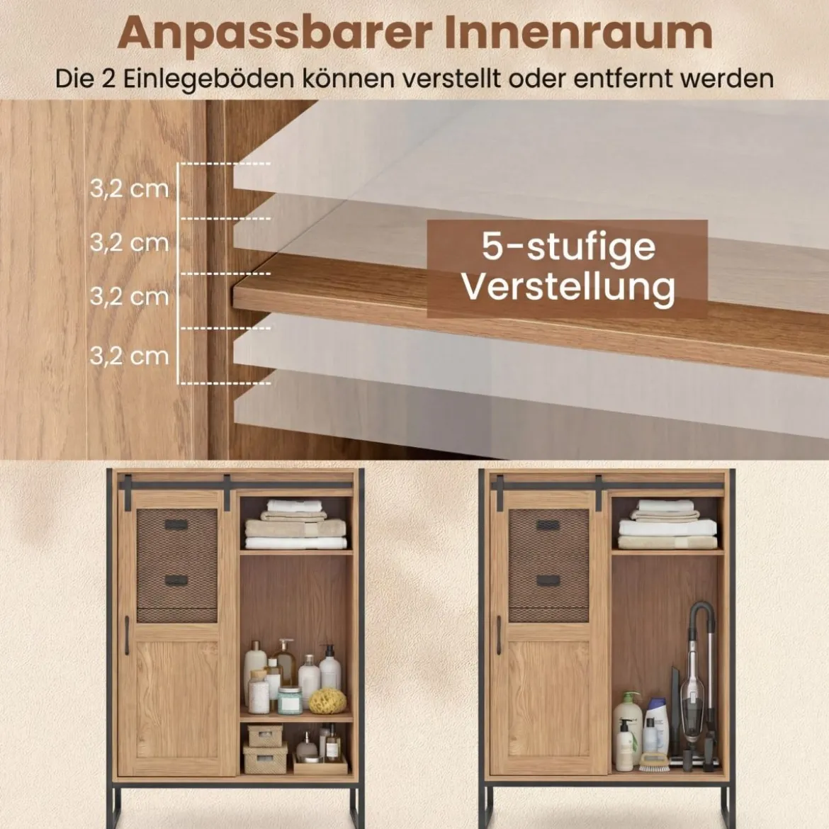 Rustikaler Buffetschrank mit Schiebetür & 5 Schubladen & Verstellbaren Einlegeböden Natur
