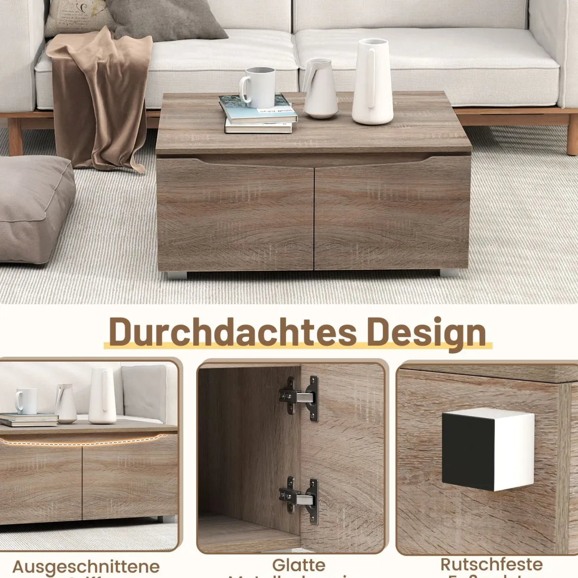 Rustikaler Couchtisch mit verdeckte Stauraum rechteckiger Bestelltisch mit 4 Türen und Doppeltüröffnung Eiche
