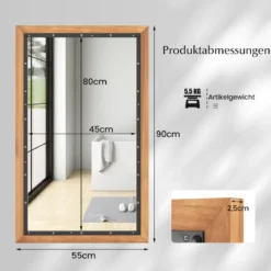 Rustikaler Holzspiegel mit rechteckigem Rahmen dekorativer Hängespiegel 55 x 90 cm Natur