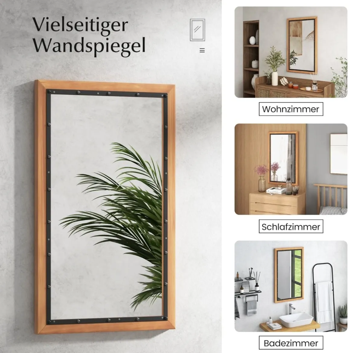 Rustikaler Holzspiegel mit rechteckigem Rahmen dekorativer Hängespiegel 55 x 90 cm Natur