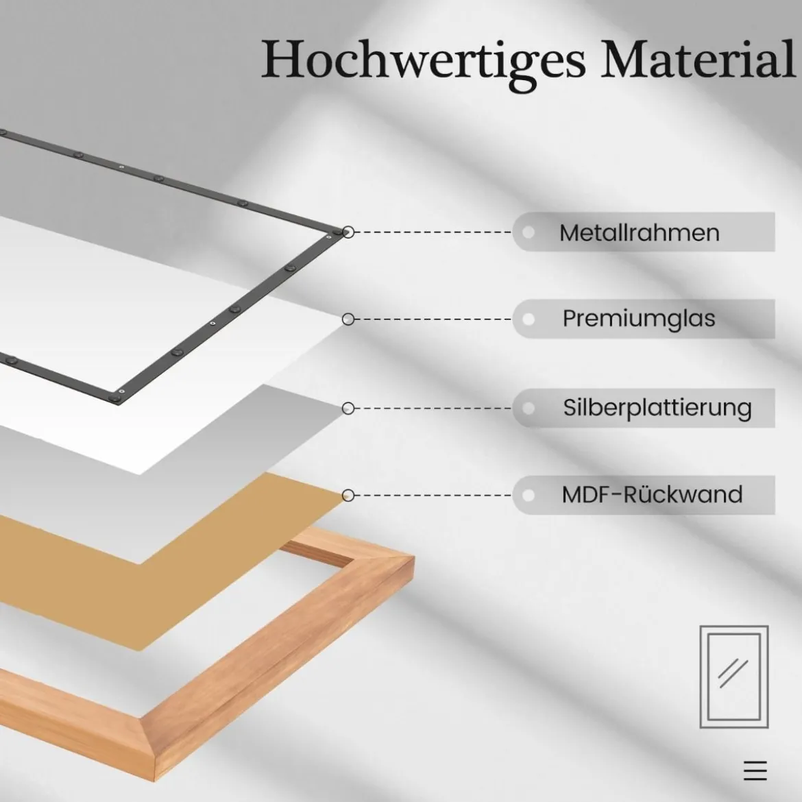 Rustikaler Holzspiegel mit rechteckigem Rahmen dekorativer Hängespiegel 55 x 90 cm Natur