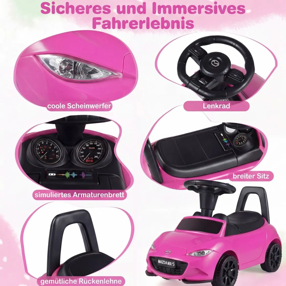 Rutschauto mit Licht & Kippschutz & Stauraum unter dem Sitz Rutschfahrzeug Kinderfahrzeug Rosa