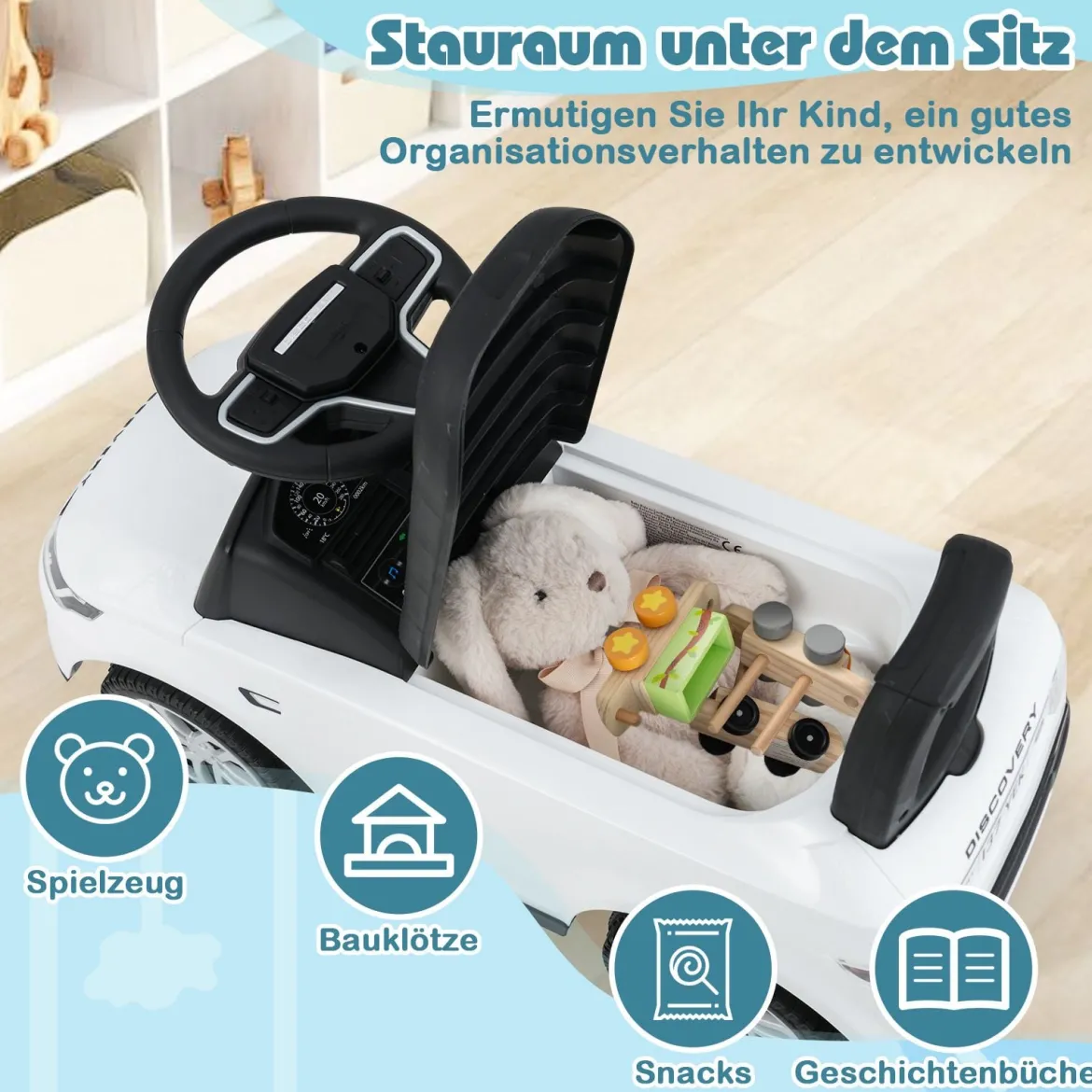 Rutschauto mit Stauraum Rutschfahrzeug Rutscher Kinderauto Schiebauto Spielzeugauto Weiß