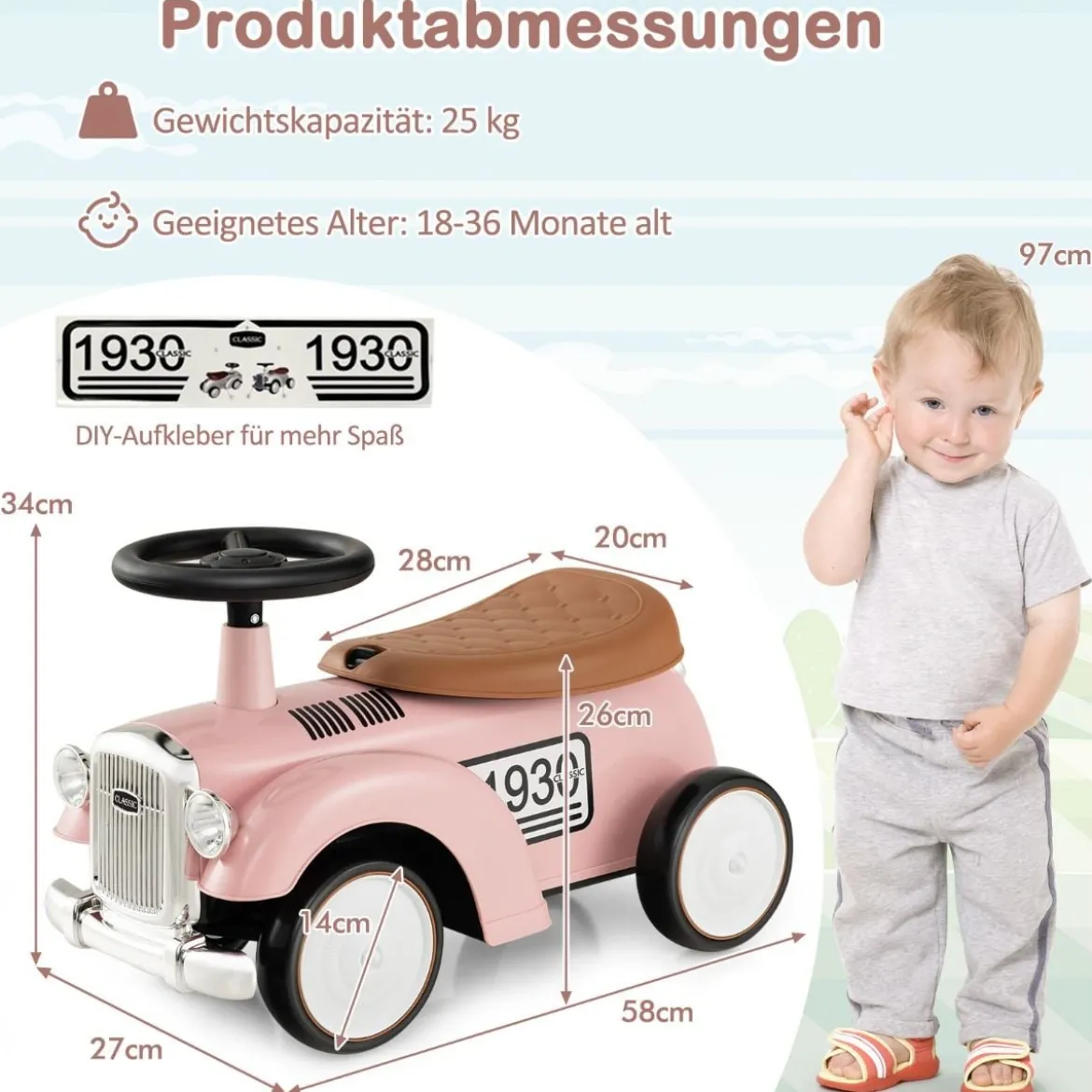 Rutschauto Rutscherfahrzeug mit Stauraum & Kippschutz Kinderfahrzeug mit Lenkrad 58 x 27 x 34 cm Rosa