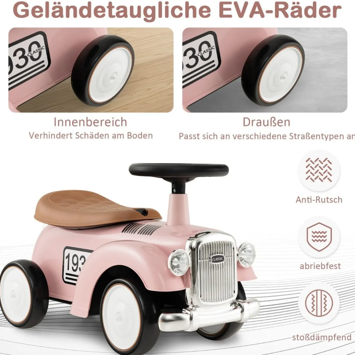 Rutschauto Rutscherfahrzeug mit Stauraum & Kippschutz Kinderfahrzeug mit Lenkrad 58 x 27 x 34 cm Rosa