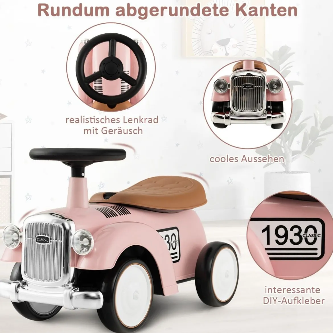 Rutschauto Rutscherfahrzeug mit Stauraum & Kippschutz Kinderfahrzeug mit Lenkrad 58 x 27 x 34 cm Rosa