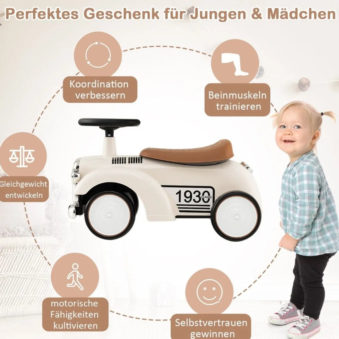 Rutschauto Rutscherfahrzeug mit Stauraum & Kippschutz Kinderfahrzeug mit Lenkrad 58 x 27 x 34 cm Weiß