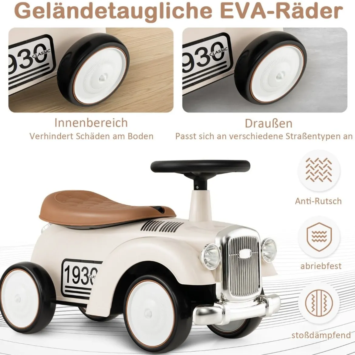 Rutschauto Rutscherfahrzeug mit Stauraum & Kippschutz Kinderfahrzeug mit Lenkrad 58 x 27 x 34 cm Weiß