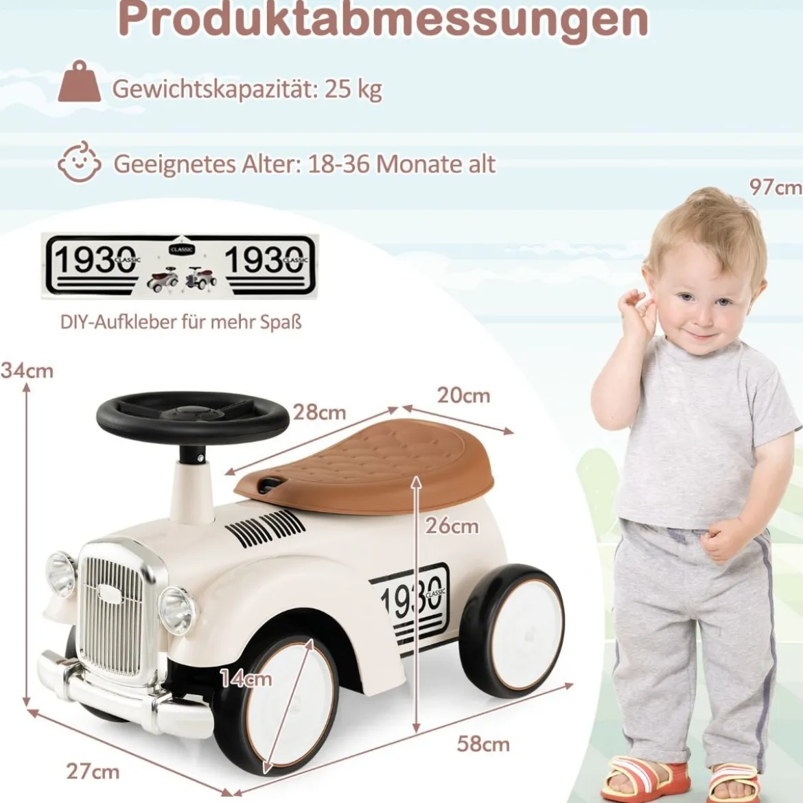 Rutschauto Rutscherfahrzeug mit Stauraum & Kippschutz Kinderfahrzeug mit Lenkrad 58 x 27 x 34 cm Weiß