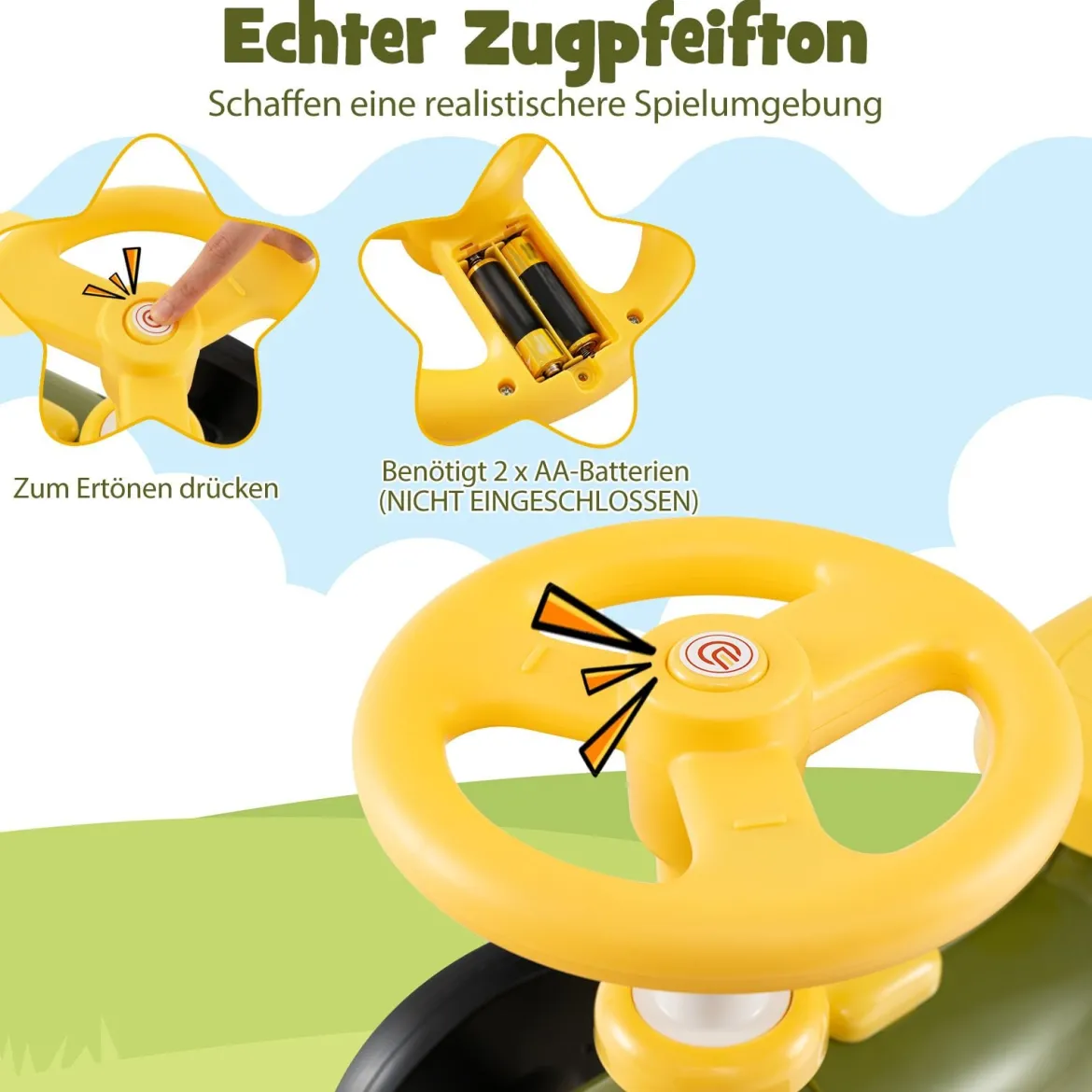 Rutschauto Rutschfahrzeug mit Lenkrad & Zugpfeifton-Taste & Stauraum unter Sitz Rutscher Kinderauto 61 x 30 x 38 cm Grün