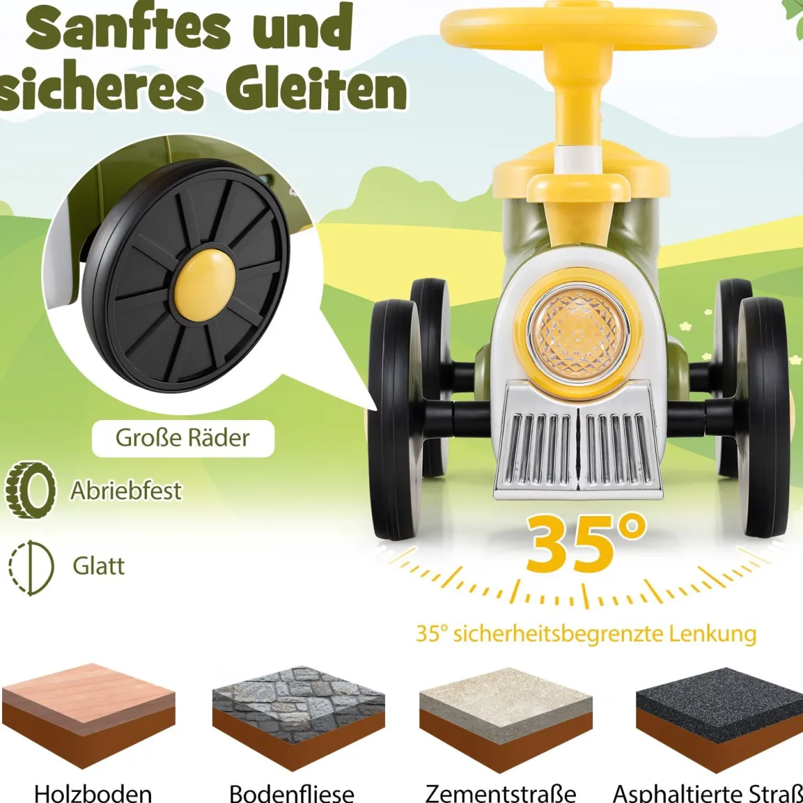 Rutschauto Rutschfahrzeug mit Lenkrad & Zugpfeifton-Taste & Stauraum unter Sitz Rutscher Kinderauto 61 x 30 x 38 cm Grün