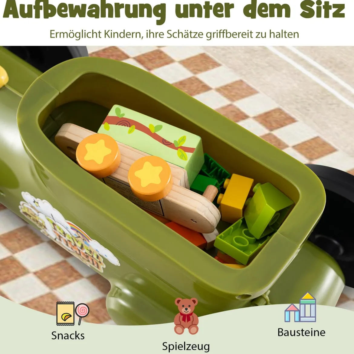 Rutschauto Rutschfahrzeug mit Lenkrad & Zugpfeifton-Taste & Stauraum unter Sitz Rutscher Kinderauto 61 x 30 x 38 cm Grün