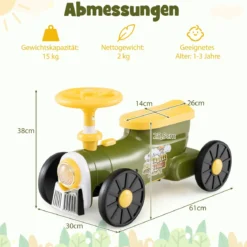 Rutschauto Rutschfahrzeug mit Lenkrad & Zugpfeifton-Taste & Stauraum unter Sitz Rutscher Kinderauto 61 x 30 x 38 cm Grün