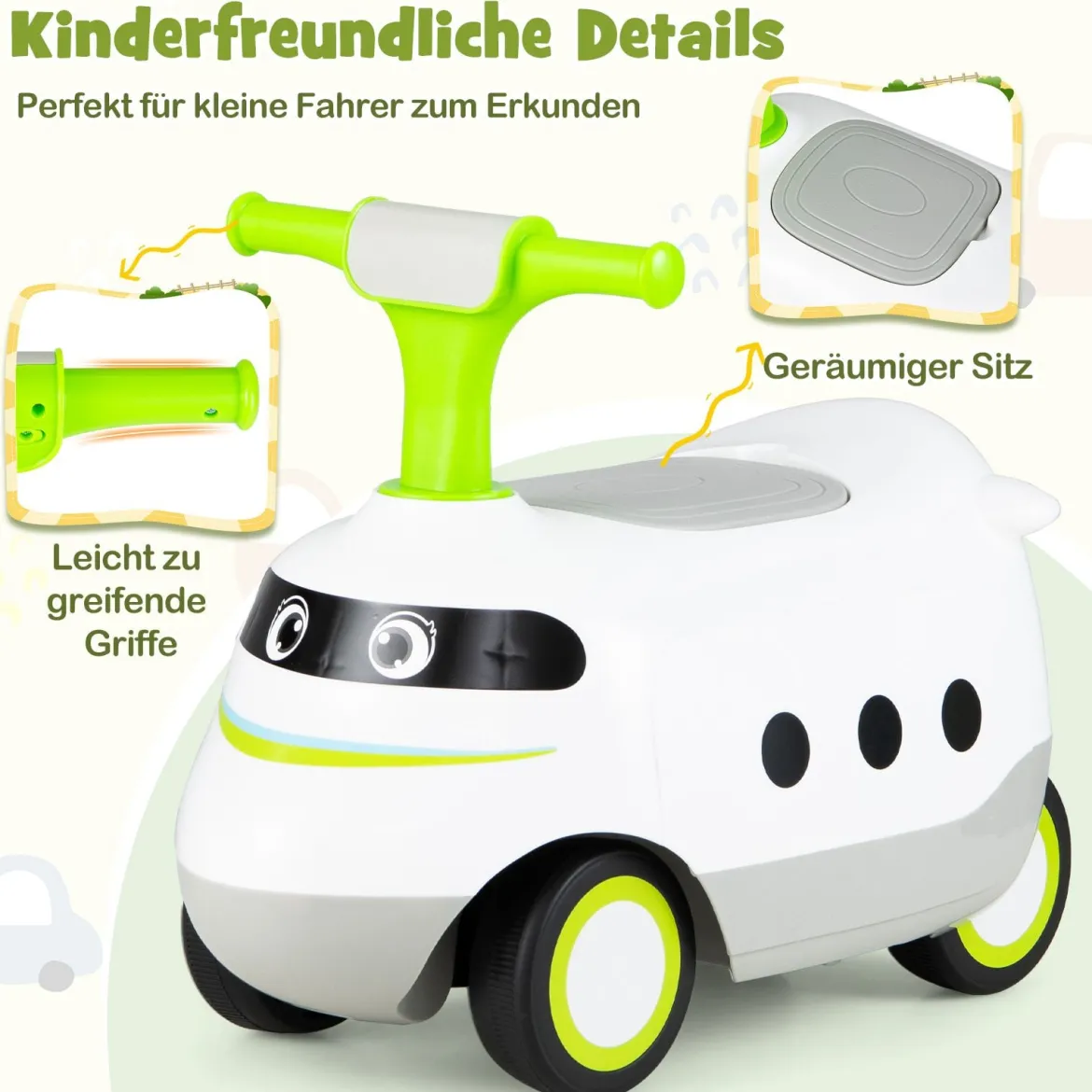 Rutschauto zum Schieben für Kleinkinder Rutschfahrzeug mit Hupe & Stauraum Grün/Weiß/Rot