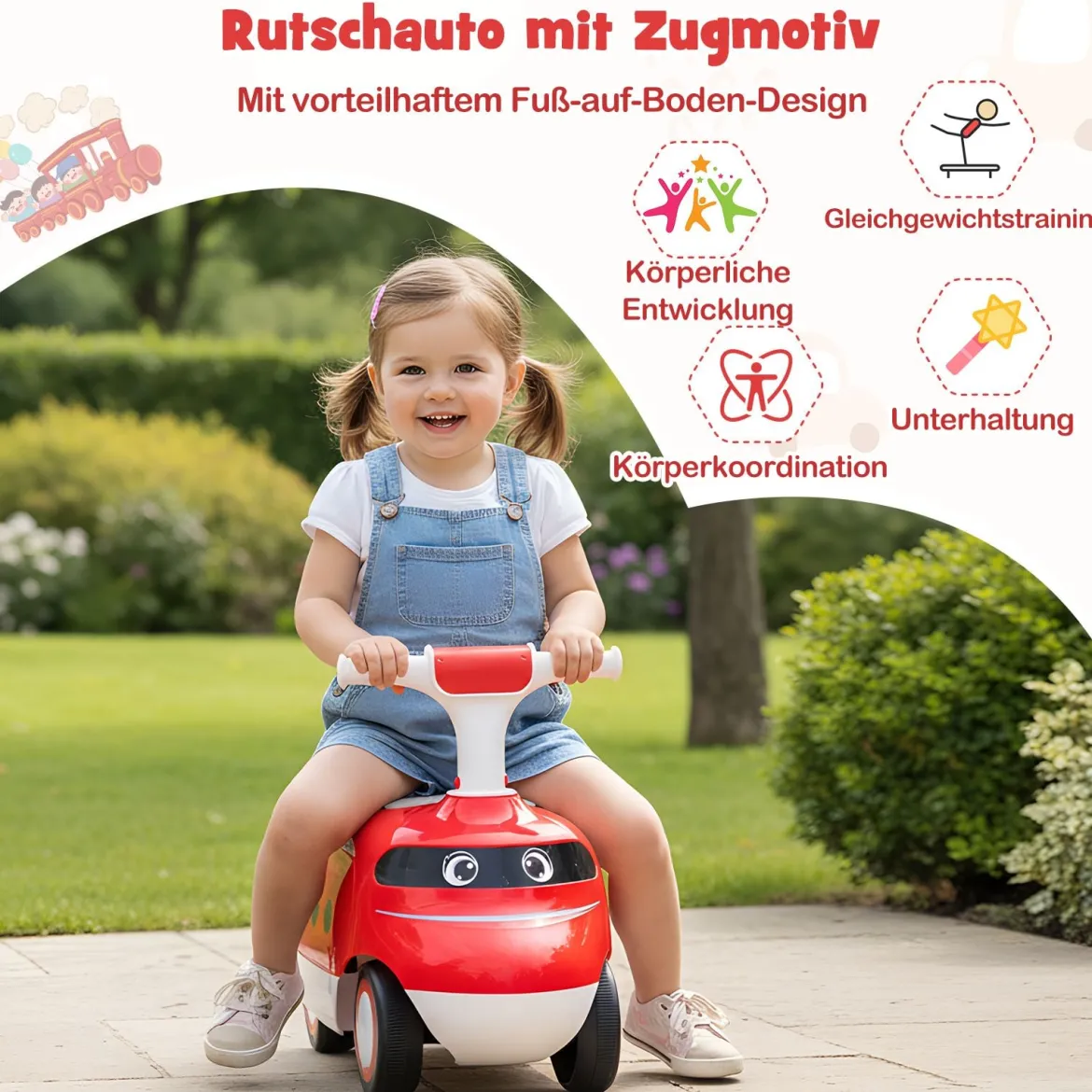 Rutschauto zum Schieben für Kleinkinder Rutschfahrzeug mit Hupe & Stauraum Grün/Weiß/Rot