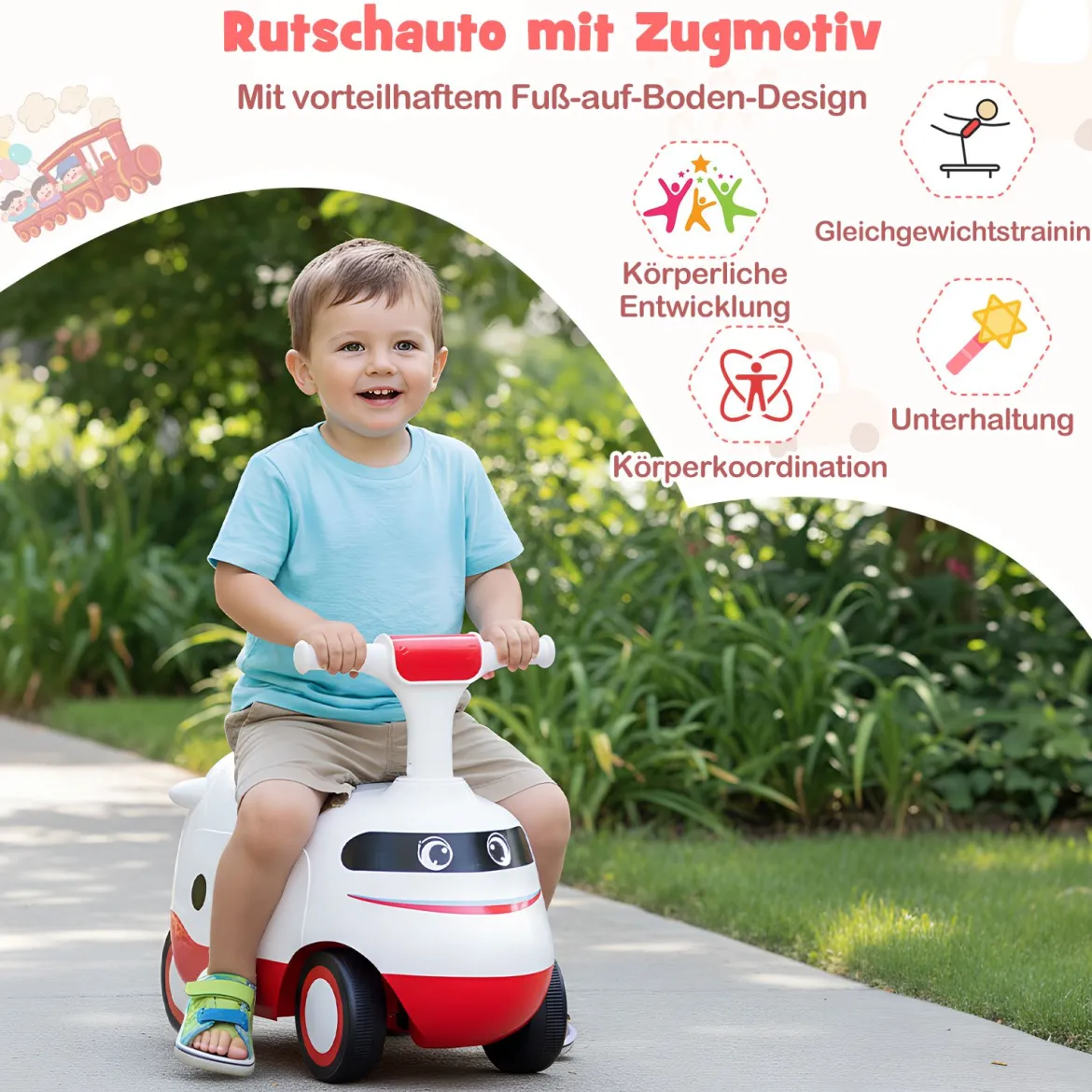 Rutschauto zum Schieben für Kleinkinder Rutschfahrzeug mit Hupe & Stauraum Grün/Weiß/Rot