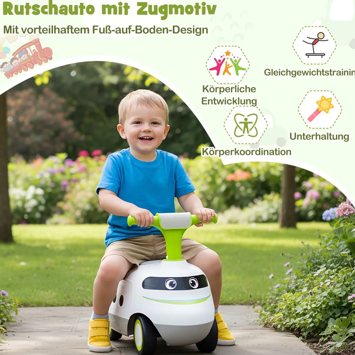 Rutschauto zum Schieben für Kleinkinder Rutschfahrzeug mit Hupe & Stauraum Grün/Weiß/Rot