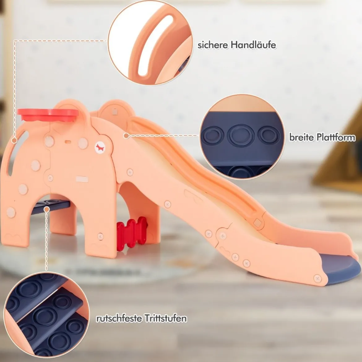 Rutsche Outdoor 4 in 1 Kinder Rutsche & Tunnel & Basketballkorb & Leiter 187,5 x 47 x 77,5 cm Rosa