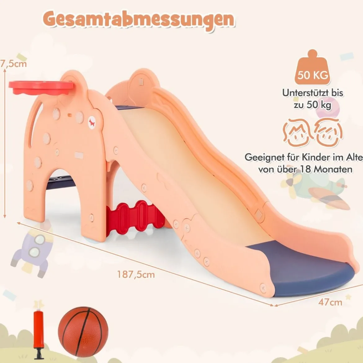 Rutsche Outdoor 4 in 1 Kinder Rutsche & Tunnel & Basketballkorb & Leiter 187,5 x 47 x 77,5 cm Rosa
