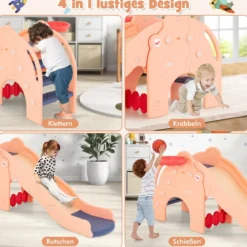 Rutsche Outdoor 4 in 1 Kinder Rutsche & Tunnel & Basketballkorb & Leiter 187,5 x 47 x 77,5 cm Rosa