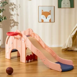 Rutsche Outdoor 4 in 1 Kinder Rutsche & Tunnel & Basketballkorb & Leiter 187,5 x 47 x 77,5 cm Rosa