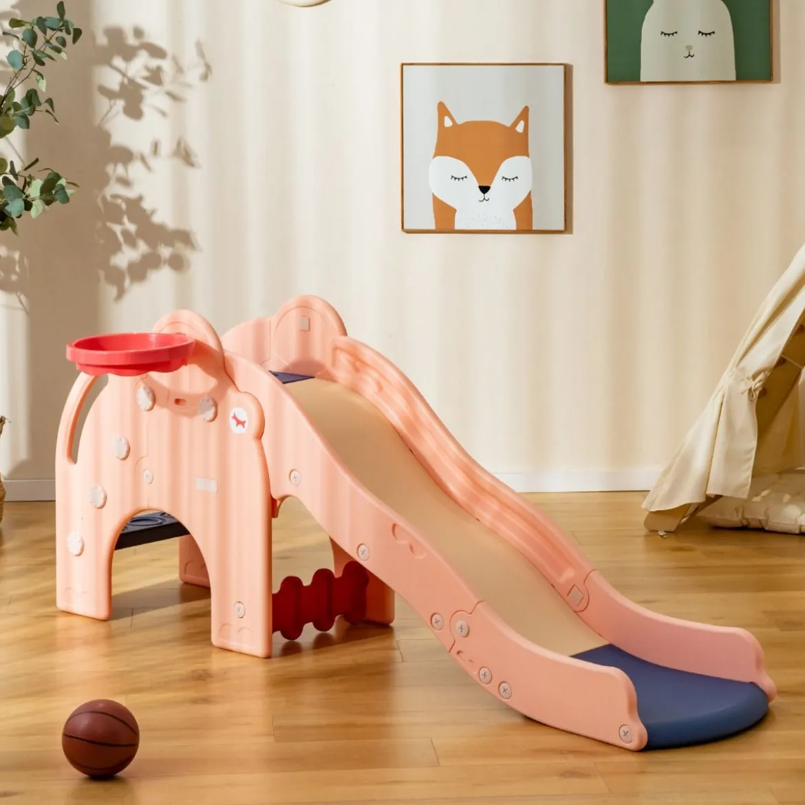 Rutsche Outdoor 4 in 1 Kinder Rutsche & Tunnel & Basketballkorb & Leiter 187,5 x 47 x 77,5 cm Rosa