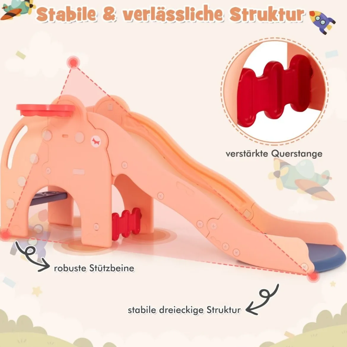 Rutsche Outdoor 4 in 1 Kinder Rutsche & Tunnel & Basketballkorb & Leiter 187,5 x 47 x 77,5 cm Rosa
