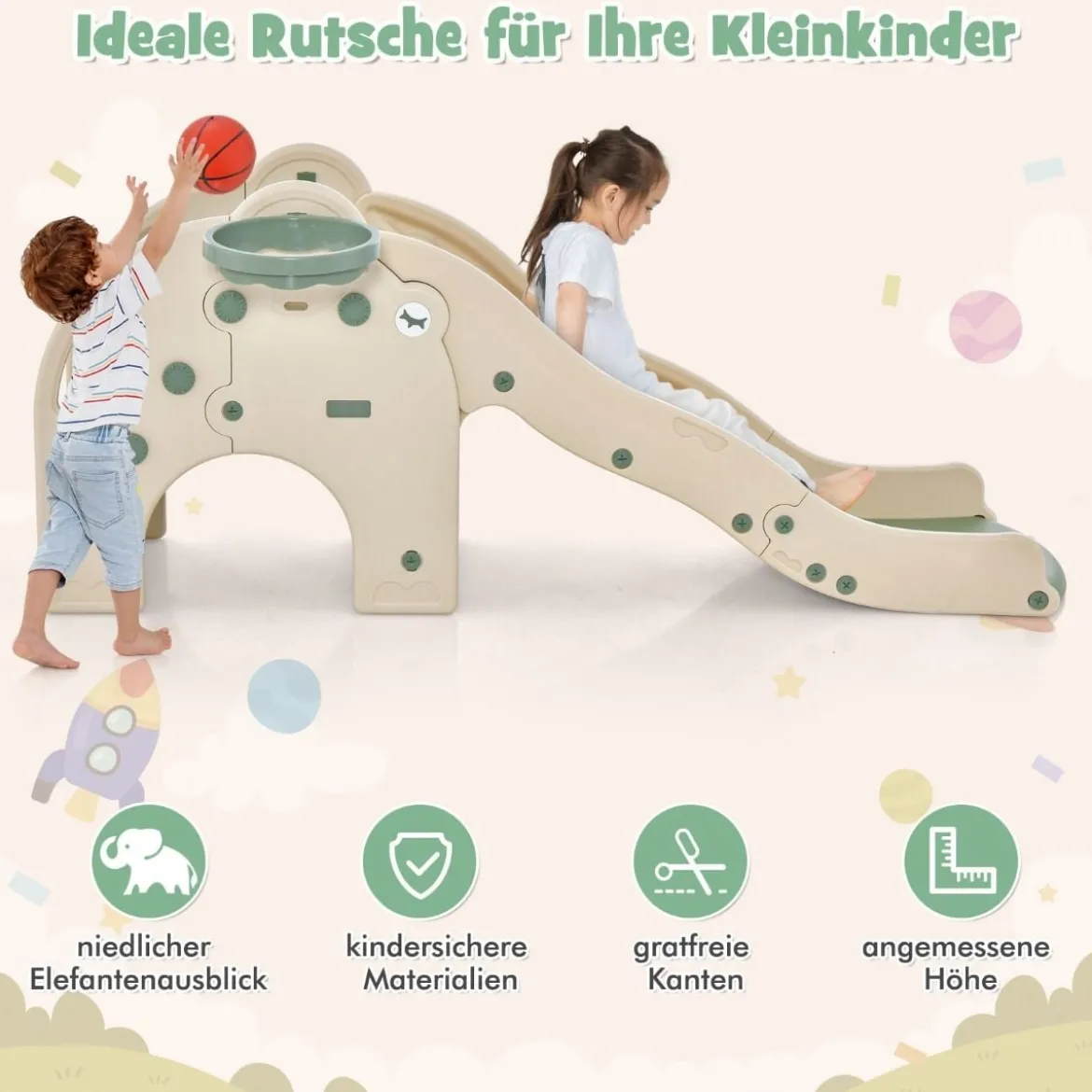 Rutsche Outdoor 4 in 1 Kinder Rutsche & Tunnel & Basketballkorb & Leiter 187,5 x 47 x 77,5 cm Grün