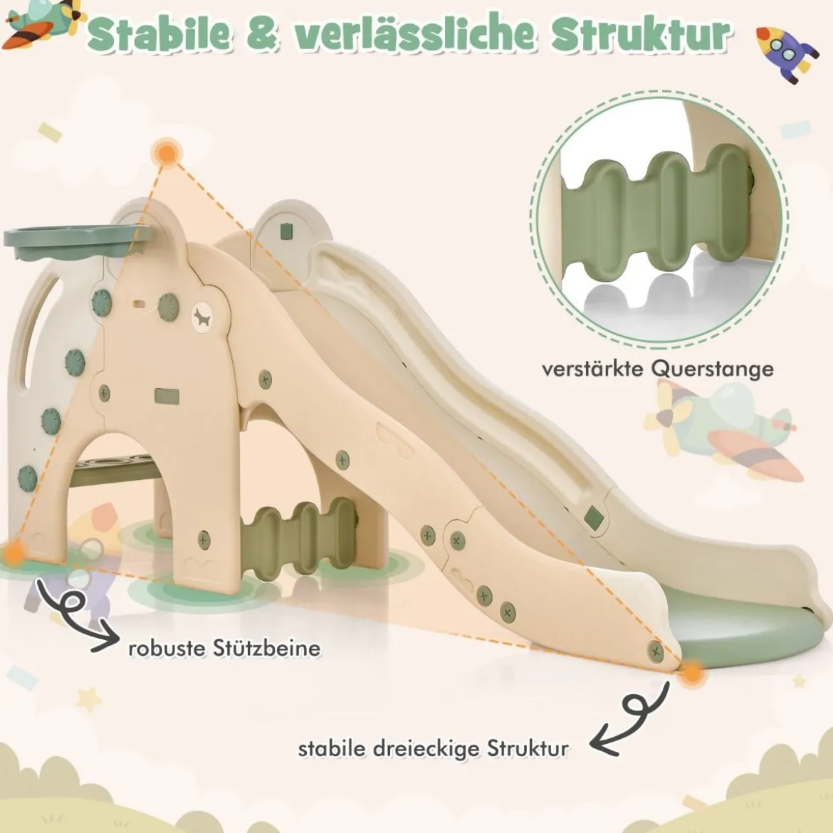Rutsche Outdoor 4 in 1 Kinder Rutsche & Tunnel & Basketballkorb & Leiter 187,5 x 47 x 77,5 cm Grün