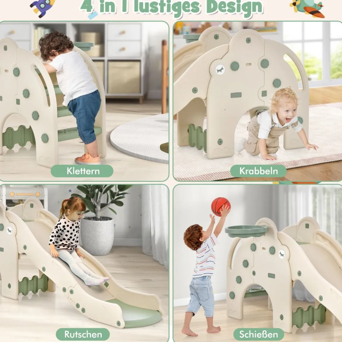 Rutsche Outdoor 4 in 1 Kinder Rutsche & Tunnel & Basketballkorb & Leiter 187,5 x 47 x 77,5 cm Grün