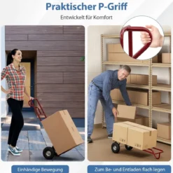 Sackkarre mit P-Griff Staplerkarre mit hoher Rückenlehne klappbarer Ladefläche & Gummirädern Rot