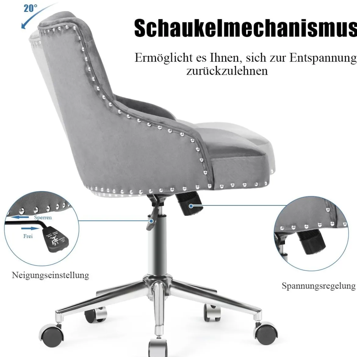 Samt Akzent Sessel Bürostuhl mit Rädern Verstellbarer Arbeitsstuhl 59,5 x 57 x 84 - 98 cm Grau